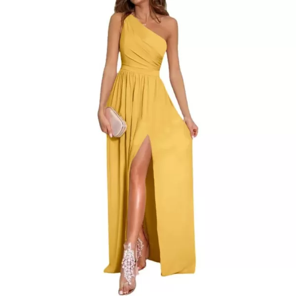 LYANER Women's One Shoulder High Split Sleeveless Ruched Sexy Cocktail Maxi Long Dress