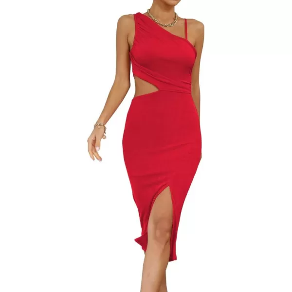 LYANER Women's One Shoulder Ruched Cut Out Split Slit Hem Sleeveless Bodycon Tank Midi Dress