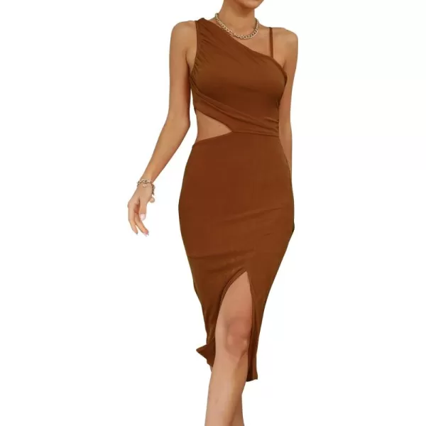 LYANER Women's One Shoulder Ruched Cut Out Split Slit Hem Sleeveless Bodycon Tank Midi Dress