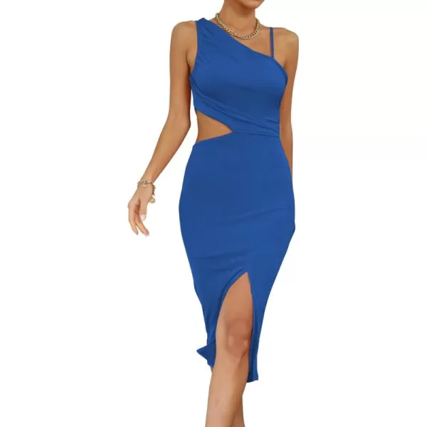 LYANER Women's One Shoulder Ruched Cut Out Split Slit Hem Sleeveless Bodycon Tank Midi Dress