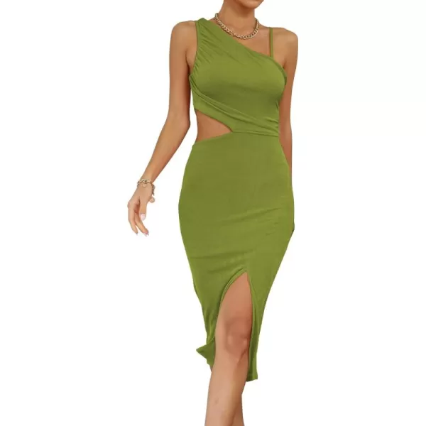 LYANER Women's One Shoulder Ruched Cut Out Split Slit Hem Sleeveless Bodycon Tank Midi Dress