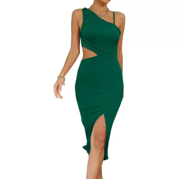 LYANER Women's One Shoulder Ruched Cut Out Split Slit Hem Sleeveless Bodycon Tank Midi Dress