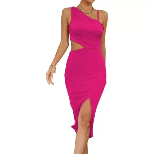 LYANER Women's One Shoulder Ruched Cut Out Split Slit Hem Sleeveless Bodycon Tank Midi Dress