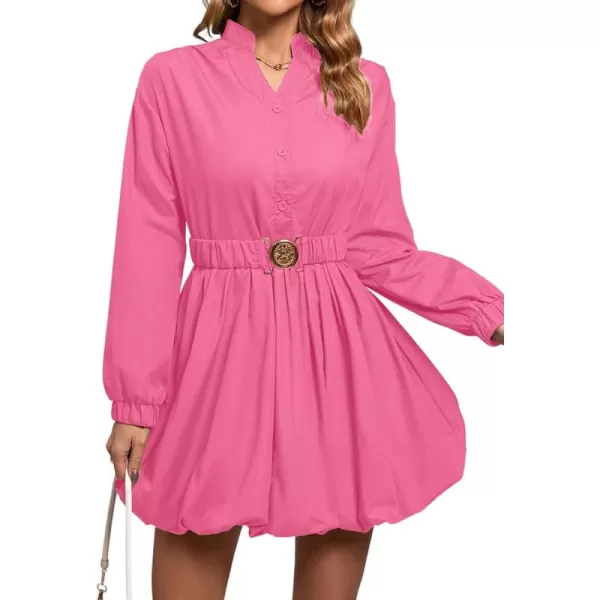 LYANER Women's Puff Long Sleeve V Neck Waist Belt Ruffle Casual A-Line Mini Dress