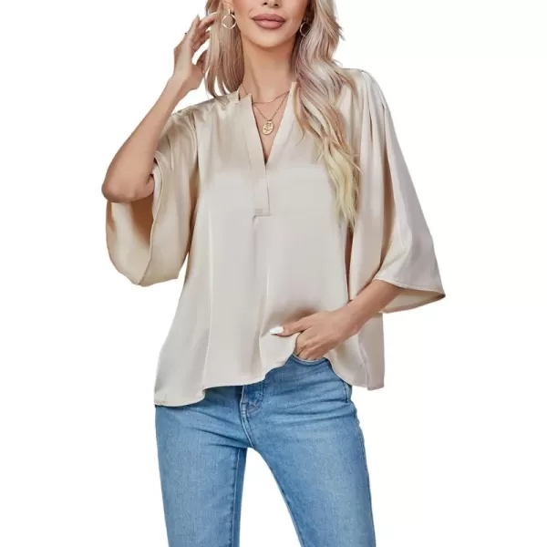 LYANER Women's Satin Elegant Casual V Neck 3/4 Sleeve Solid Blouse Top Shirt