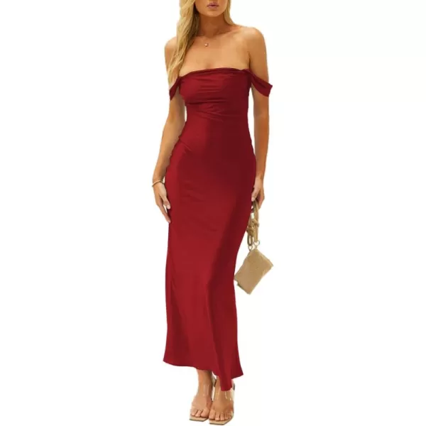 LYANER Women's Satin Off Shoulder Strapless Short Sleeve Bodycon Party Long Dress