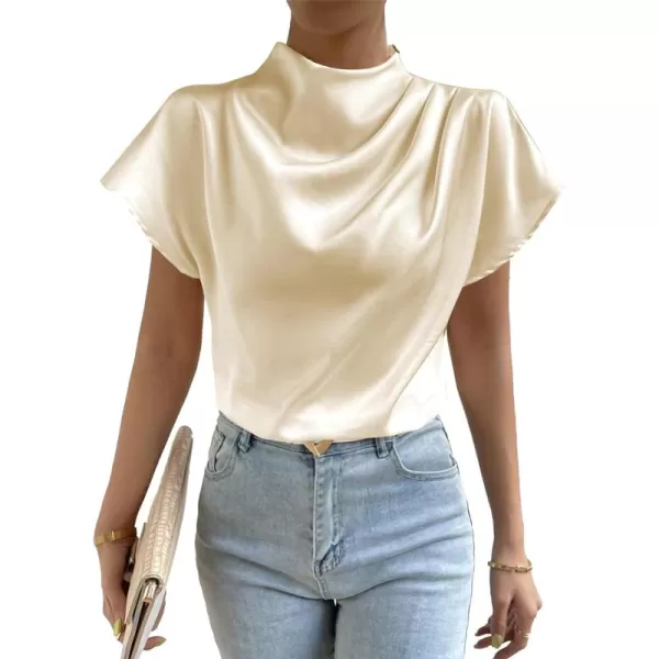 LYANER Women's Satin Silk Mock Neck Batwing Short Sleeve Ruffle Top Shirt Blouse
