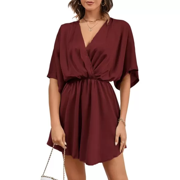 LYANER Women's Satin V Neck Twist Ruffle Flowy Swing Short Sleeve Elegant Mini Dress