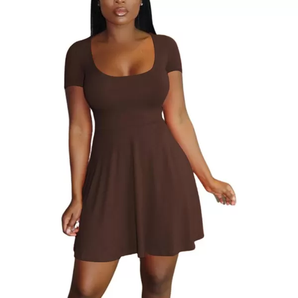 LYANER Women's Scoop Neck Short Sleeve Ruffle Hem A Line Flare Mini Basic Dress