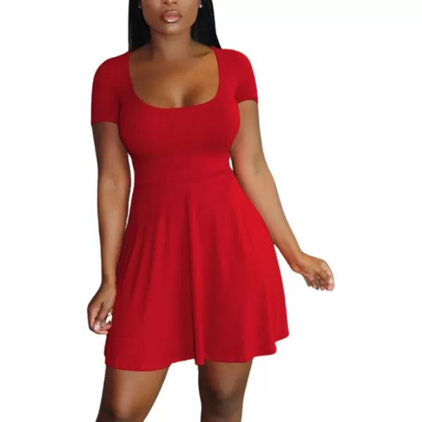 LYANER Women's Scoop Neck Short Sleeve Ruffle Hem A Line Flare Mini Basic Dress