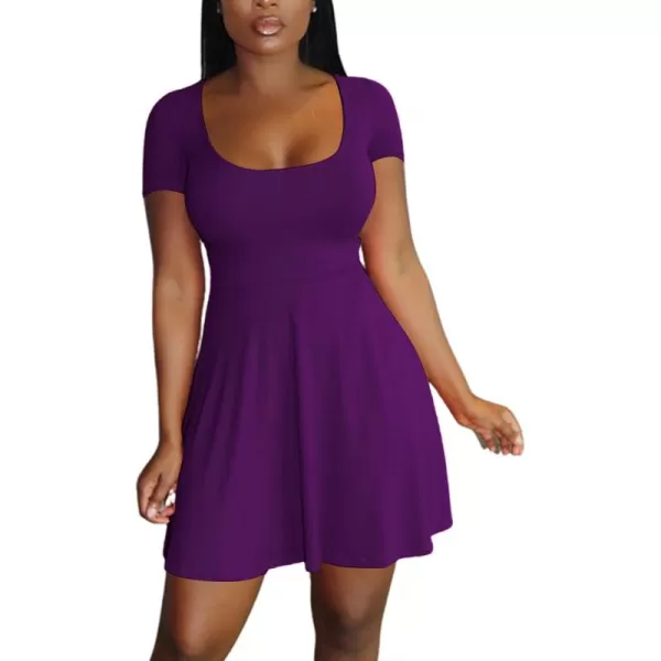 LYANER Women's Scoop Neck Short Sleeve Ruffle Hem A Line Flare Mini Basic Dress