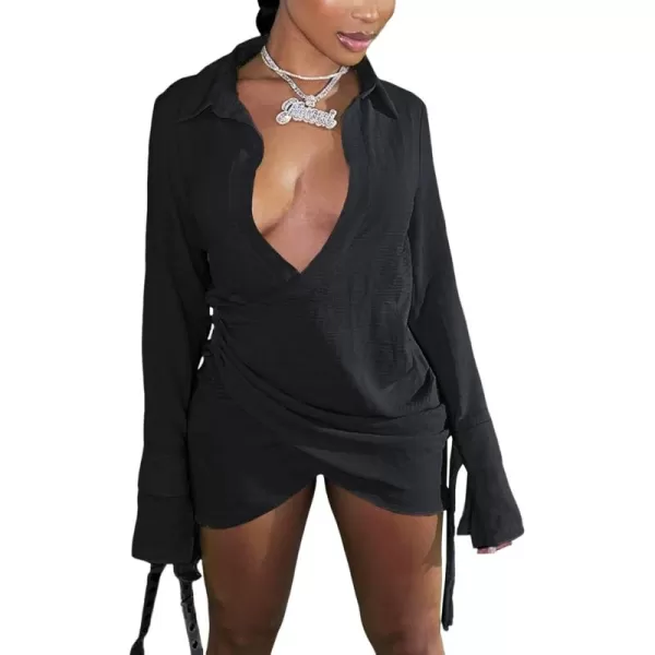 LYANER Women's Sexy Collar V Neck Wrap Hem Long Sleeve Club Party Bodycon Mini Dress