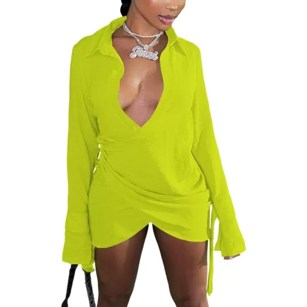 LYANER Women's Sexy Collar V Neck Wrap Hem Long Sleeve Club Party Bodycon Mini Dress