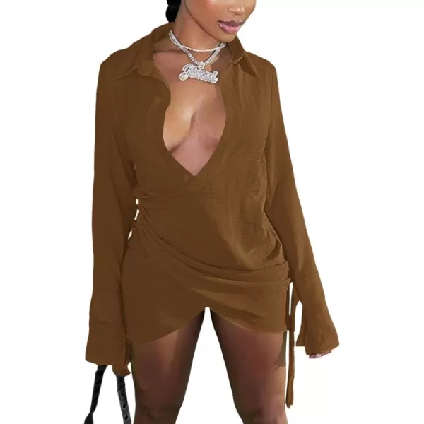 LYANER Women's Sexy Collar V Neck Wrap Hem Long Sleeve Club Party Bodycon Mini Dress