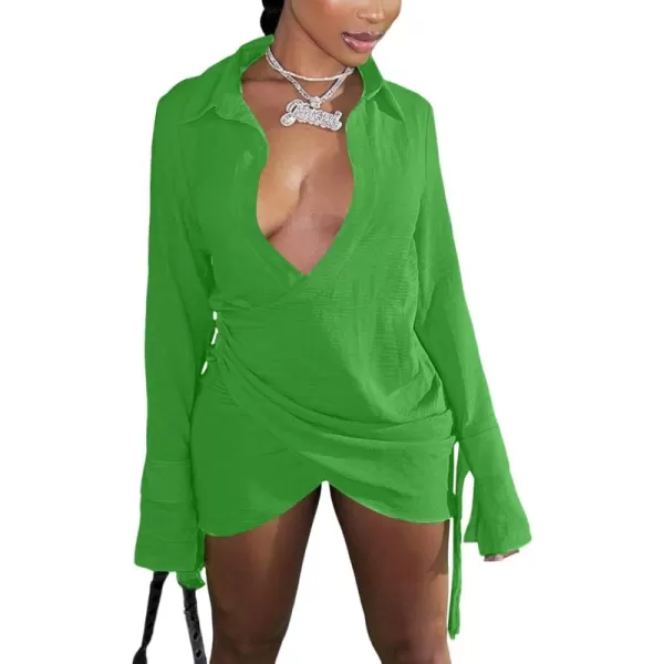 LYANER Women's Sexy Collar V Neck Wrap Hem Long Sleeve Club Party Bodycon Mini Dress
