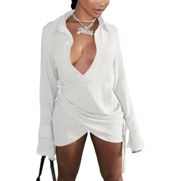 LYANER Women's Sexy Collar V Neck Wrap Hem Long Sleeve Club Party Bodycon Mini Dress