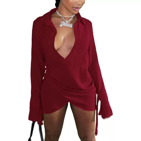 LYANER Women's Sexy Collar V Neck Wrap Hem Long Sleeve Club Party Bodycon Mini Dress