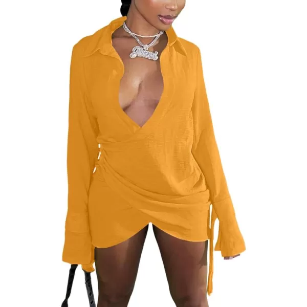 LYANER Women's Sexy Collar V Neck Wrap Hem Long Sleeve Club Party Bodycon Mini Dress