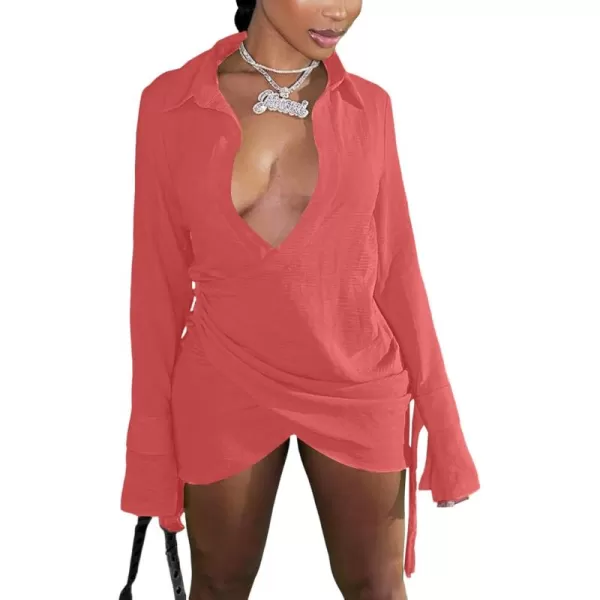 LYANER Women's Sexy Collar V Neck Wrap Hem Long Sleeve Club Party Bodycon Mini Dress