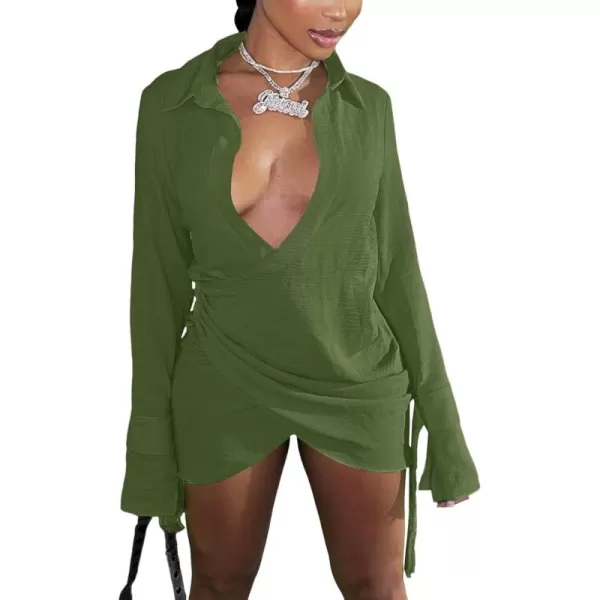 LYANER Women's Sexy Collar V Neck Wrap Hem Long Sleeve Club Party Bodycon Mini Dress