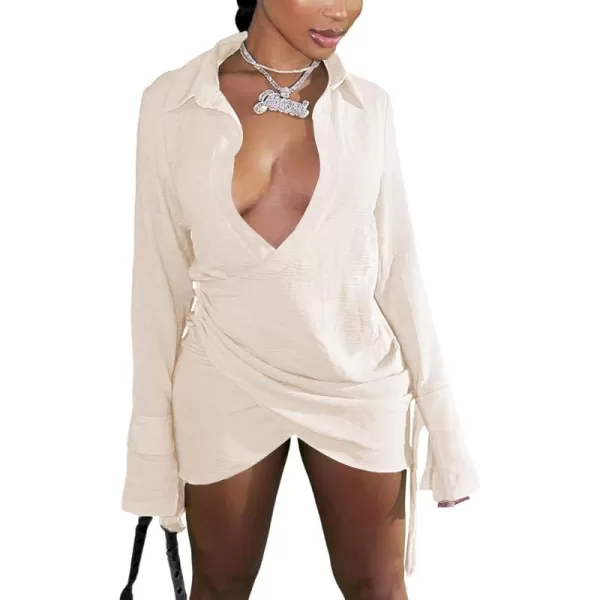 LYANER Women's Sexy Collar V Neck Wrap Hem Long Sleeve Club Party Bodycon Mini Dress