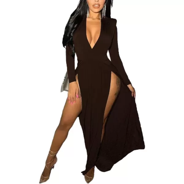 LYANER Women's Sexy Deep V Neck High Split Side Long Sleeve Long Cocktail Dress