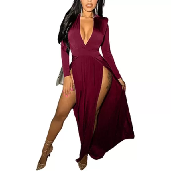 LYANER Women's Sexy Deep V Neck High Split Side Long Sleeve Long Cocktail Dress