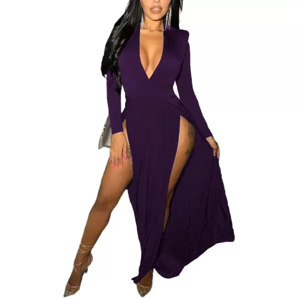 LYANER Women's Sexy Deep V Neck High Split Side Long Sleeve Long Cocktail Dress