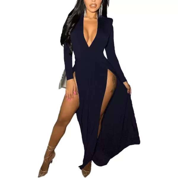 LYANER Women's Sexy Deep V Neck High Split Side Long Sleeve Long Cocktail Dress