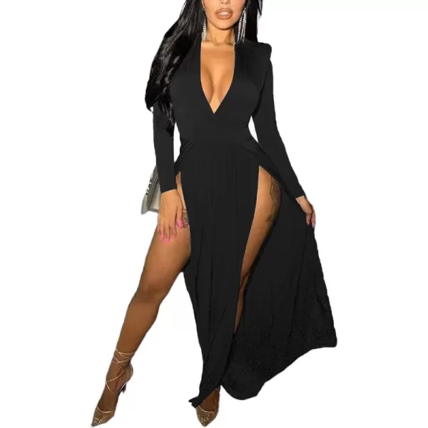 LYANER Women's Sexy Deep V Neck High Split Side Long Sleeve Long Cocktail Dress
