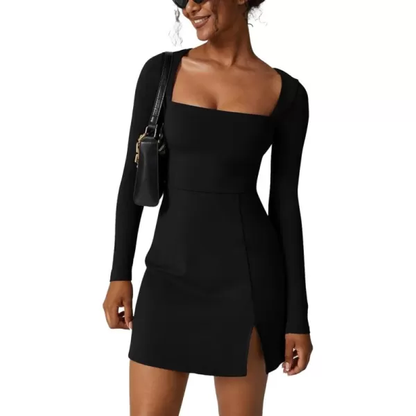 LYANER Women's Sexy Square Neck Bodice Dresses Long Sleeve Side Slit A-Line Mini Dress