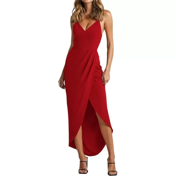 LYANER Women's Spaghetti Straps Ruched Wrap Split Hem Sleeveless Zipper Midi Dress