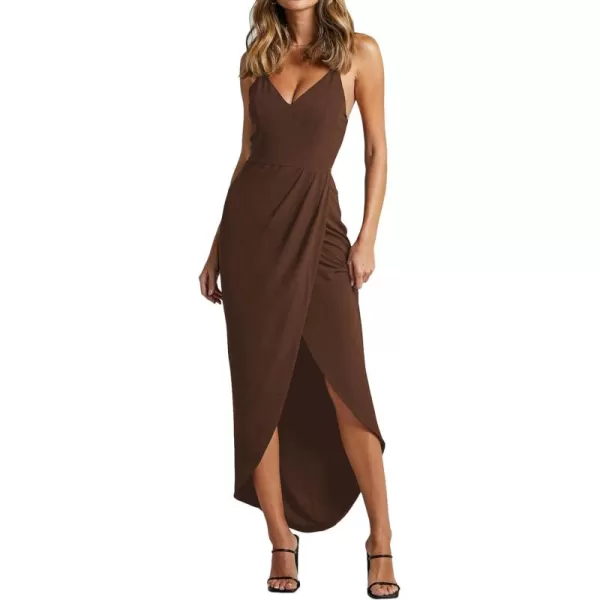 LYANER Women's Spaghetti Straps Ruched Wrap Split Hem Sleeveless Zipper Midi Dress