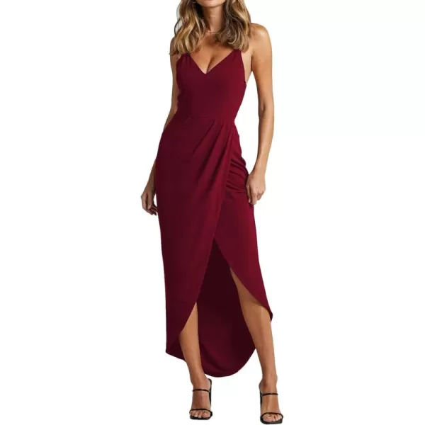 LYANER Women's Spaghetti Straps Ruched Wrap Split Hem Sleeveless Zipper Midi Dress