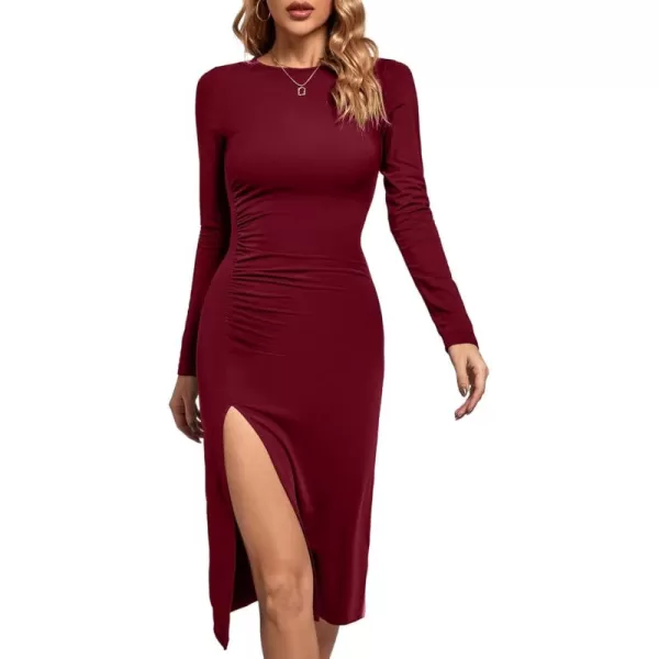 LYANER Women's Split Thigh Slit Hem Crew Neck Long Sleeve Solid Bodycon Midi Dress