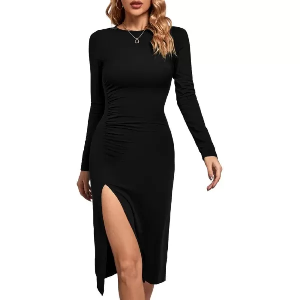 LYANER Women's Split Thigh Slit Hem Crew Neck Long Sleeve Solid Bodycon Midi Dress