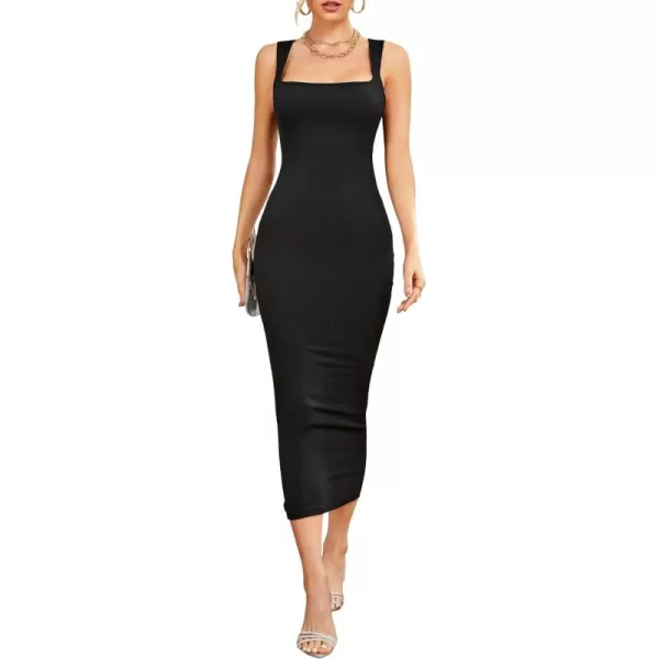 LYANER Women's Square Neck Strap Split Back Sleeveless Bodycon Cocktail Party Long Tank Dress