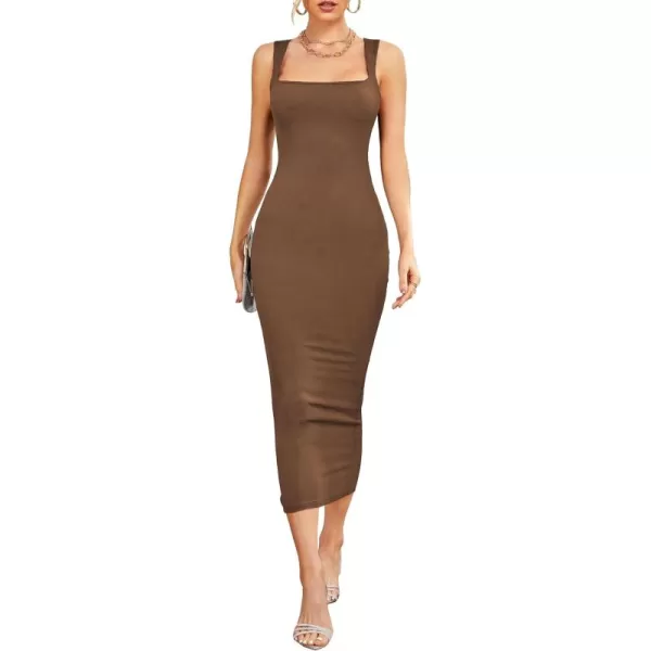 LYANER Women's Square Neck Strap Split Back Sleeveless Bodycon Cocktail Party Long Tank Dress