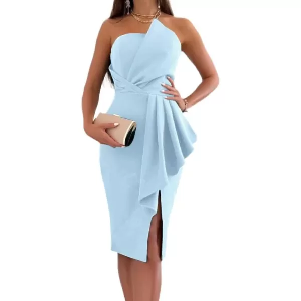 LYANER Women's Strapless Tube Ruffle Trim Wrap Bodycon Split Cocktail Midi Dress