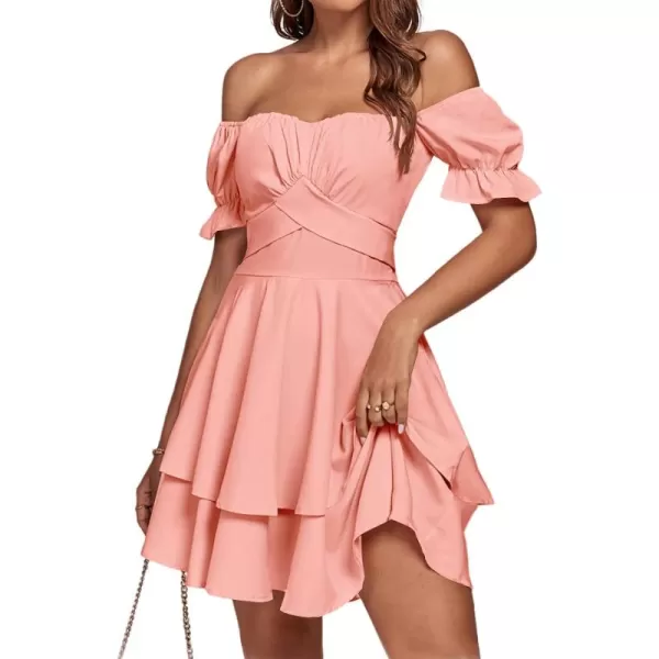 LYANER Women's Tie Back Off Shoulder Wrap Layer Ruffle Short Sleeve Mini Dress
