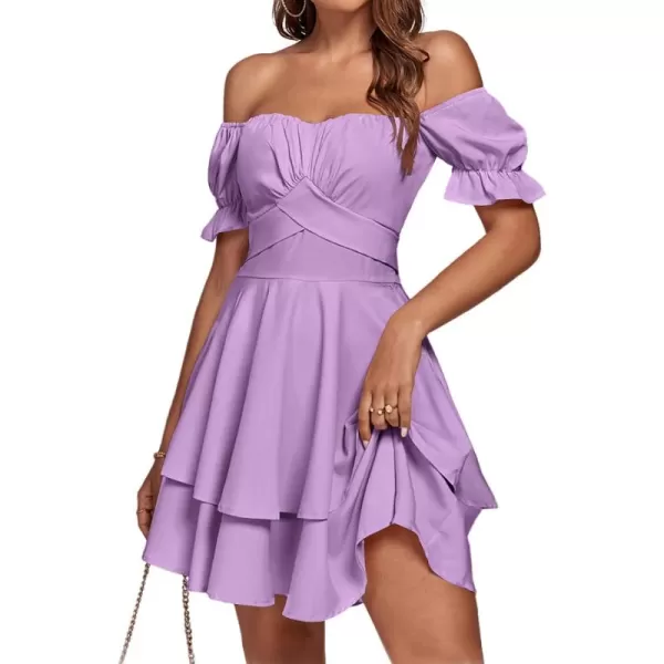 LYANER Women's Tie Back Off Shoulder Wrap Layer Ruffle Short Sleeve Mini Dress