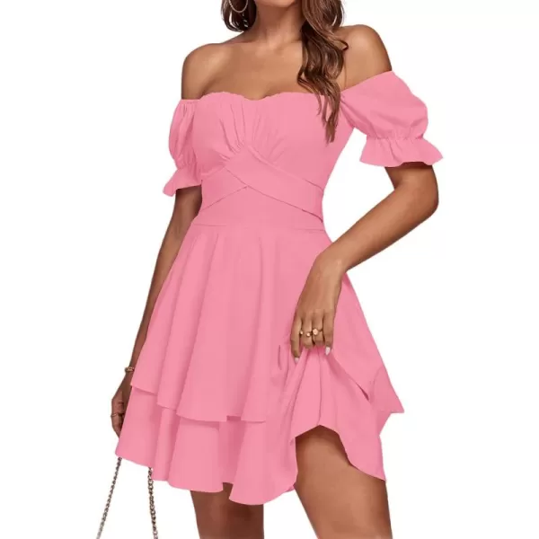 LYANER Women's Tie Back Off Shoulder Wrap Layer Ruffle Short Sleeve Mini Dress