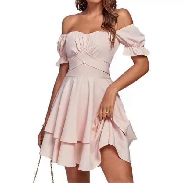 LYANER Women's Tie Back Off Shoulder Wrap Layer Ruffle Short Sleeve Mini Dress