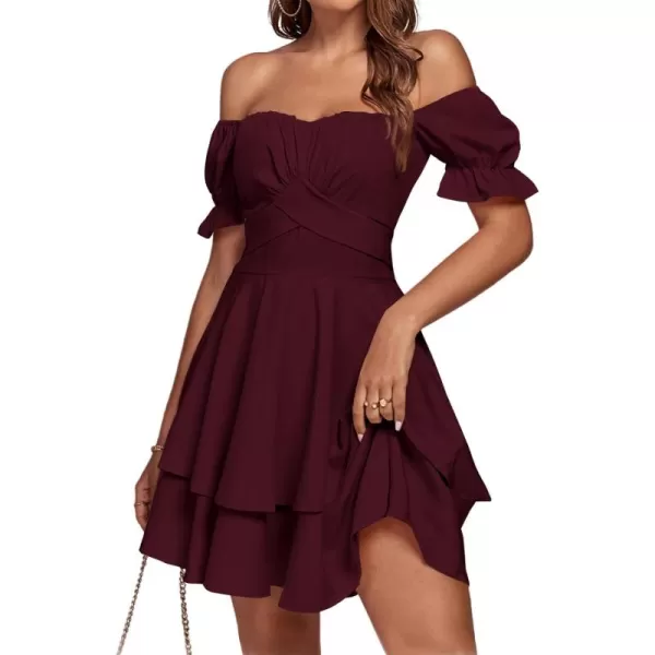 LYANER Women's Tie Back Off Shoulder Wrap Layer Ruffle Short Sleeve Mini Dress