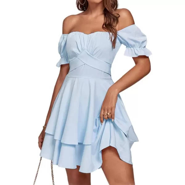 LYANER Women's Tie Back Off Shoulder Wrap Layer Ruffle Short Sleeve Mini Dress