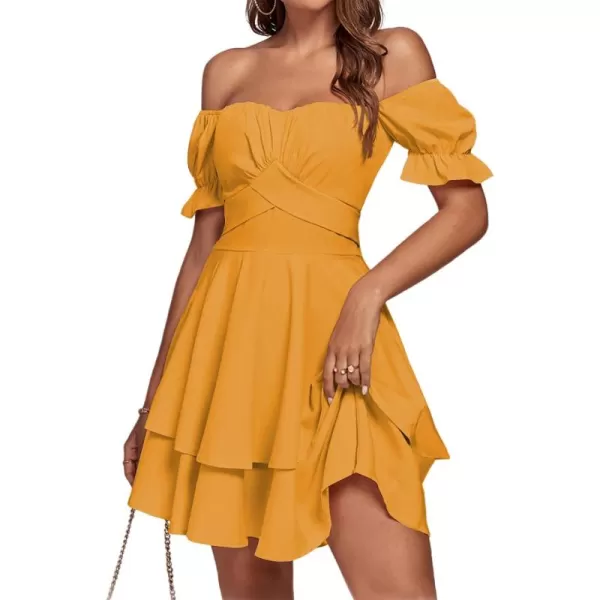LYANER Women's Tie Back Off Shoulder Wrap Layer Ruffle Short Sleeve Mini Dress