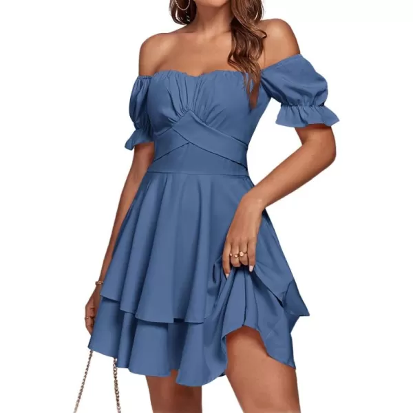 LYANER Women's Tie Back Off Shoulder Wrap Layer Ruffle Short Sleeve Mini Dress