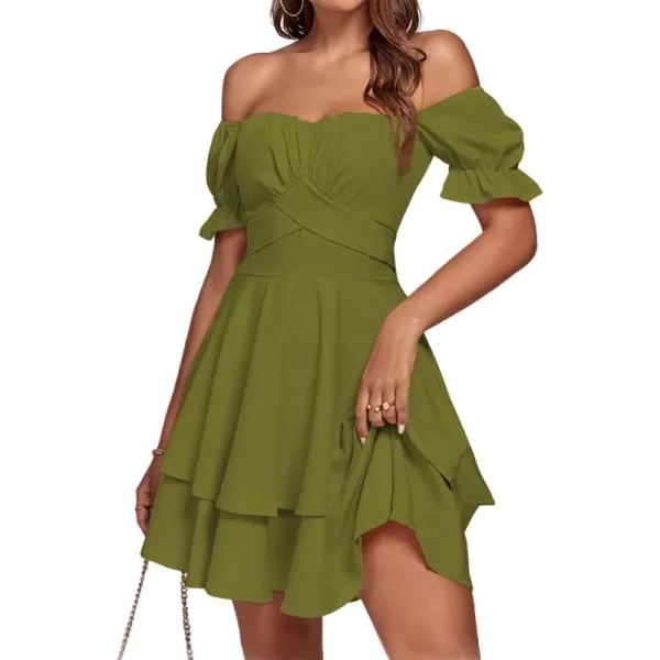 LYANER Women's Tie Back Off Shoulder Wrap Layer Ruffle Short Sleeve Mini Dress