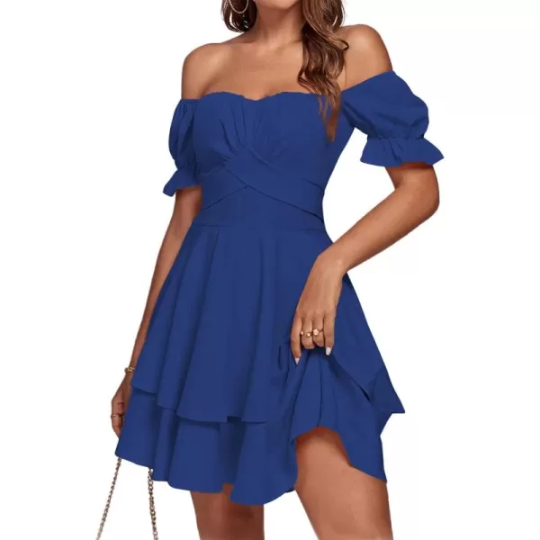 LYANER Women's Tie Back Off Shoulder Wrap Layer Ruffle Short Sleeve Mini Dress