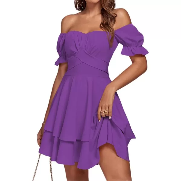 LYANER Women's Tie Back Off Shoulder Wrap Layer Ruffle Short Sleeve Mini Dress